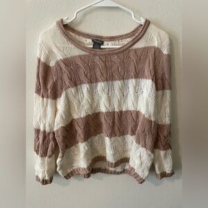 Neiman Marcus Striped Cable Knit Sweater - Cream and Brown